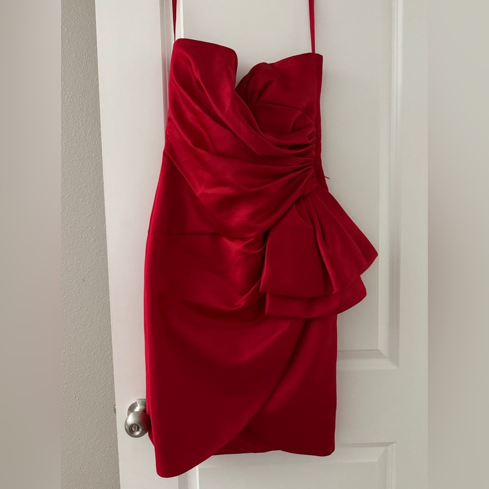 Victor Costa Red Ruched Tie Front Sheath Dress